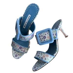Manolo Blahnik Floral Blue Gable Buckle High Heel Sandal Mule 37